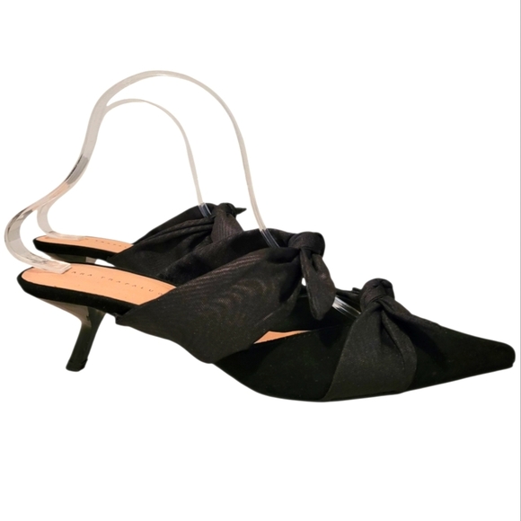 Zara Black Knotted Bow Pointed Toe Slanted Kitten Heels Sandals Shoes Wmns 9 - Picture 1 of 13